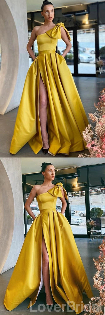 Yellow A-line One Shoulder High Slit Cheap Long Prom Dresses Online,12621