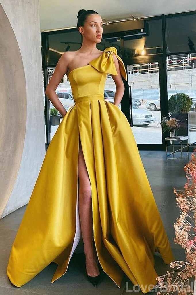 Yellow A-line One Shoulder High Slit Cheap Long Prom Dresses Online,12621