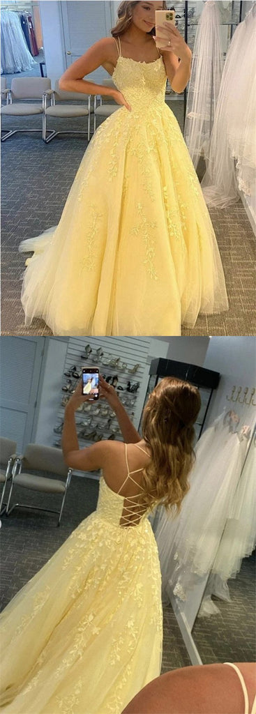 Yellow A-line Spaghetti Straps Backless Long Prom Dresses Online,12521