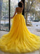 Yellow A-line Spaghetti Straps High Low Cheap Maxi Long Prom Dresses,13063