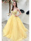 Yellow A-line Spaghetti Straps V-neck Cheap Long Prom Dresses Online,12619
