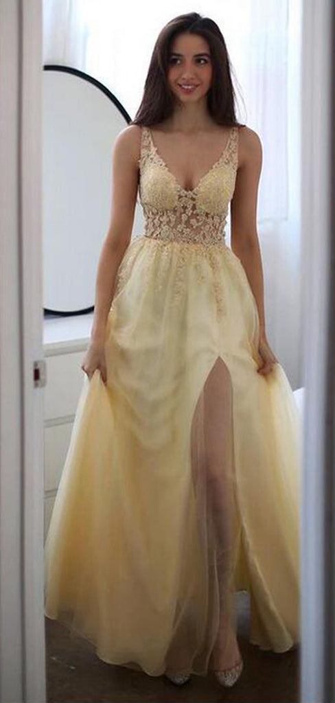 Yellow A-line V-neck High Slit Maxi Long Prom Dresses,Evening Dresses,12977