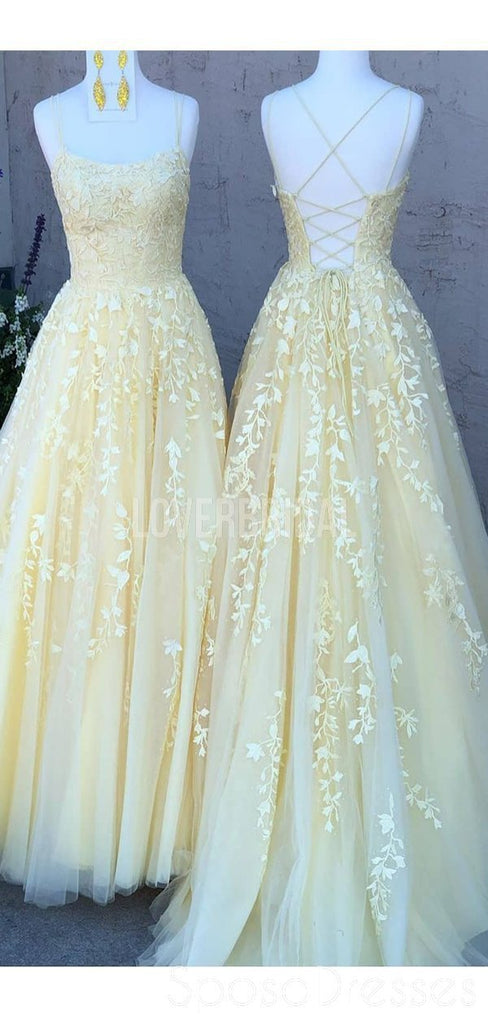 Yellow Lace Applique Beaded Evening Prom Dresses, Evening Party Prom Dresses, 12272