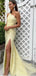 Yellow Mermaid One Shoulder High Slit Cheap Long Prom Dresses Online,12535