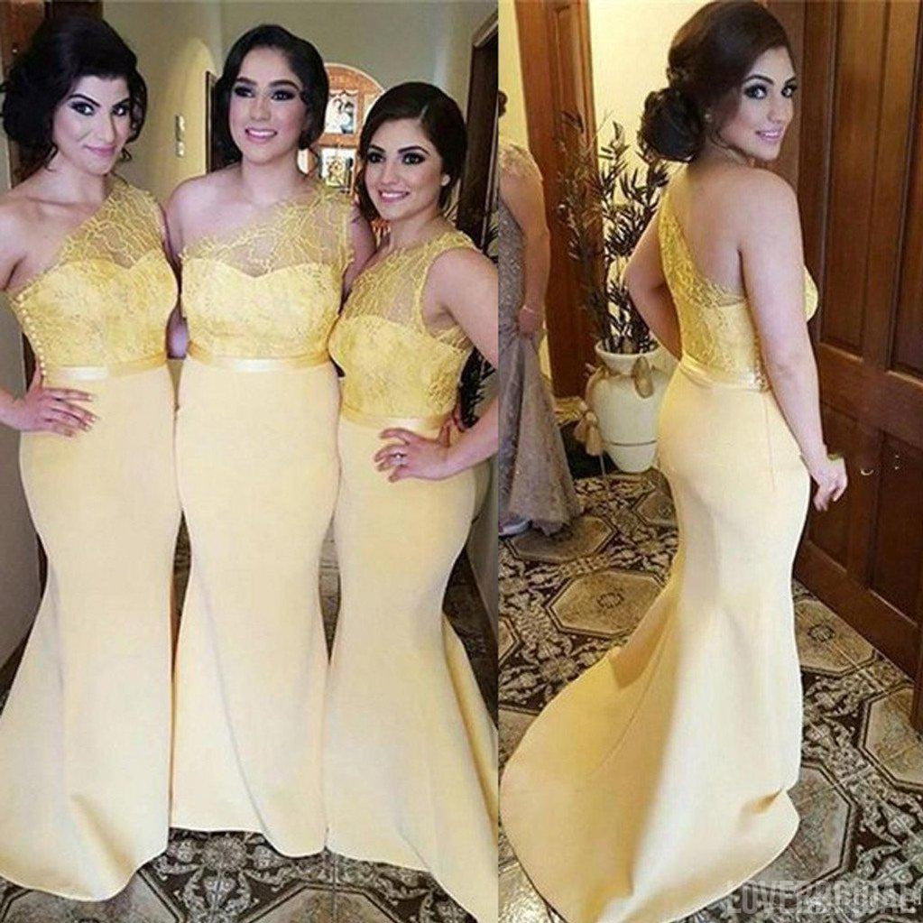 Yellow One Shoulder Lace Mermaid Charming Cheap Long Wedding Party Bridesmaid Dresses, WG304
