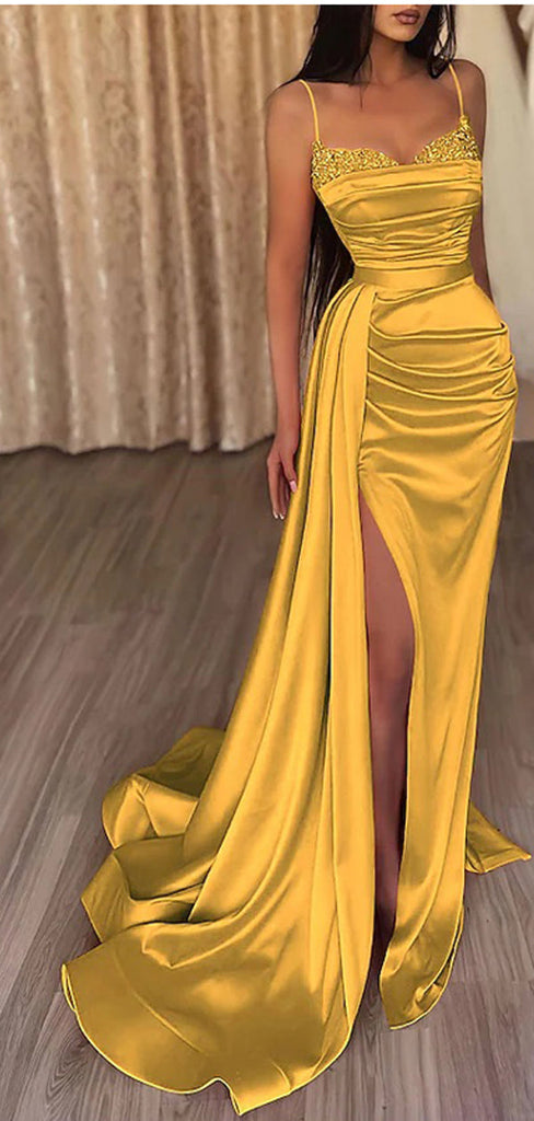 Yellow Sheath Spaghetti Straps High Slit Cheap Long Prom Dresses,12816